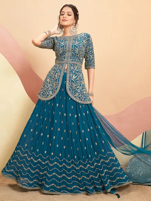 Rama blue georgette lehenga choli for wedding