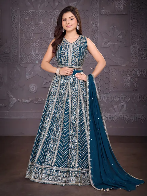 Rama blue georgette lehenga choli with resham work