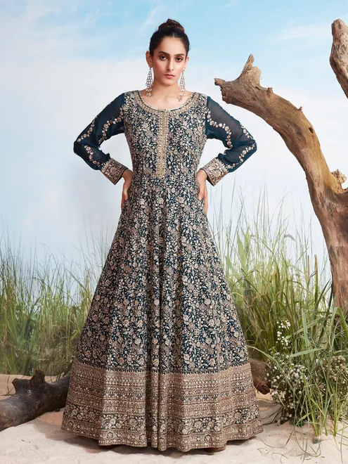 Rama blue georgette resham and sequin bridal gown