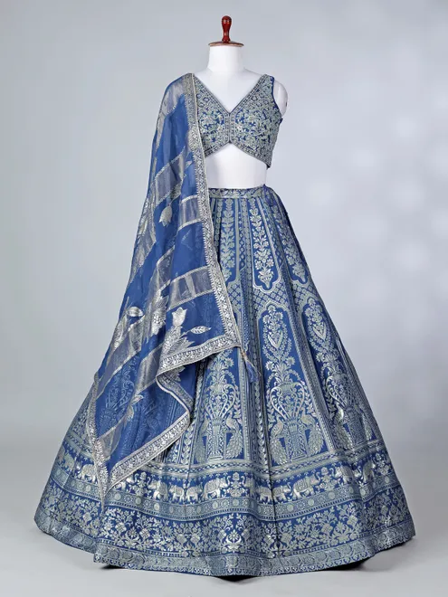 Rama blue lehenga choli with zardosi and zari work