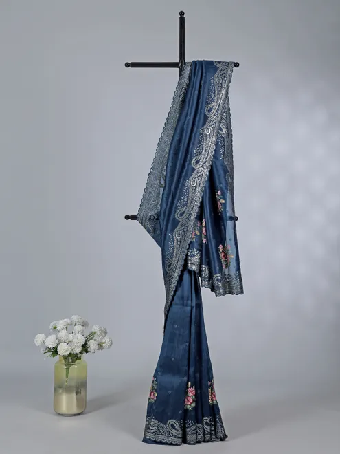 Rama blue organza saree with sequins embellishment