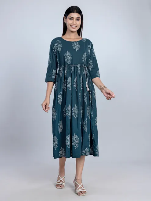 Rama blue printed cotton kurti for women