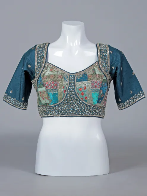 Rama blue printed modal silk blouse with cutdana work