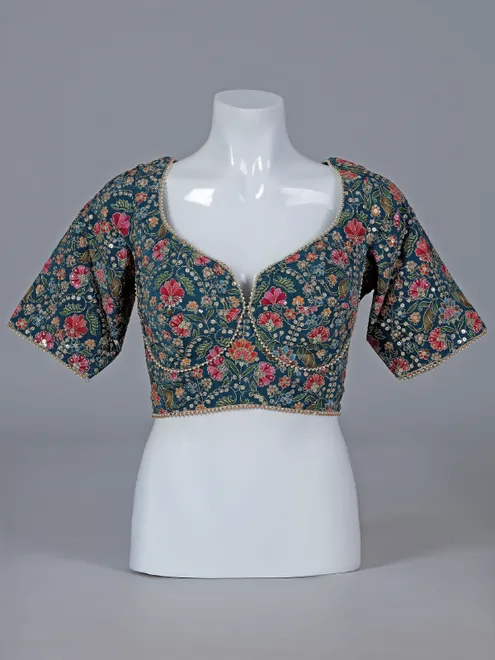 Rama blue printed modal silk saree with beads embellishment