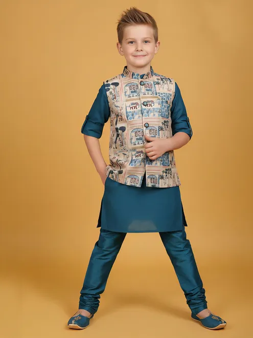 Rama blue printed semi silk waistcoat set