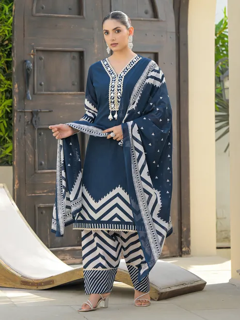 Rama blue printed silk kurti set for women