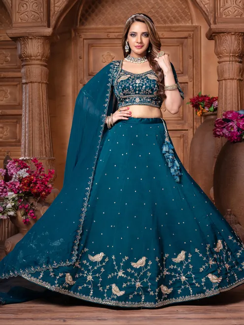 Rama blue raw silk lehenga choli with elegance