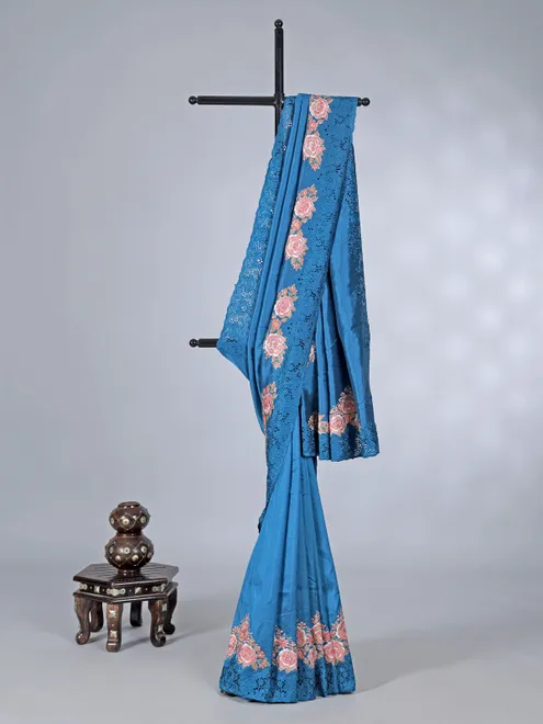 Rama blue semi silk saree with embroidery and cutwork