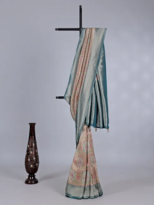 Rama blue shimmer dola silk saree with floral detailing