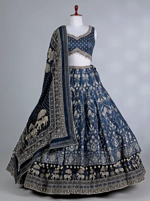 Rama blue silk bridal lehenga choli with pearls work