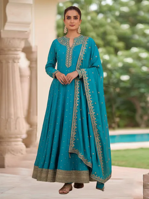 Rama blue silk designer anarkali suit
