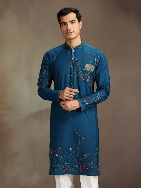 Rama blue silk embroidered and stone work kurta suit