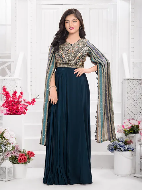 Rama blue silk embroidered designer suit