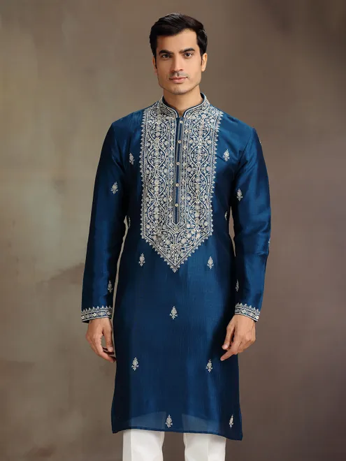 Rama blue silk embroidered kurta suit for festive celebration