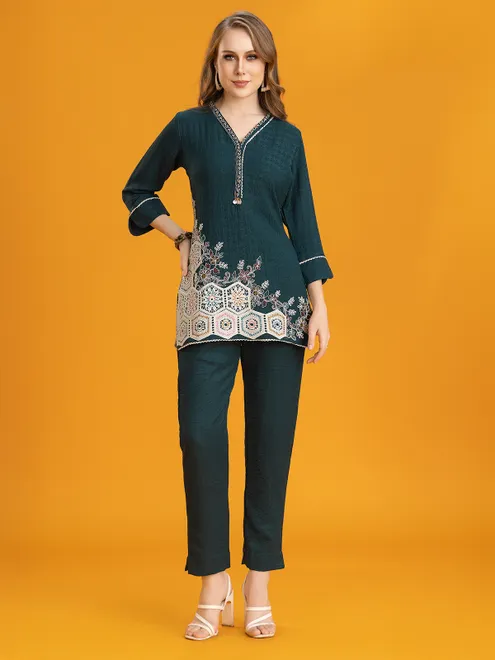Rama blue silk embroidered pant co-ord set