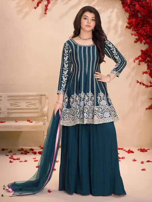 Rama blue silk georgette embroidered palazzo suit with dupatta