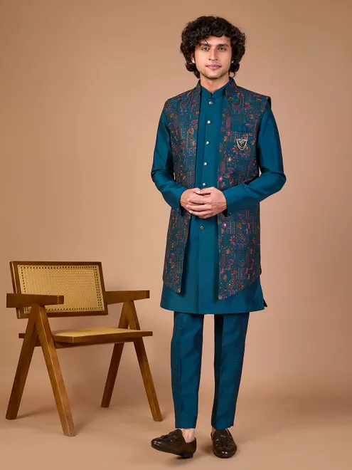 Rama blue silk indowestern set for jacket style