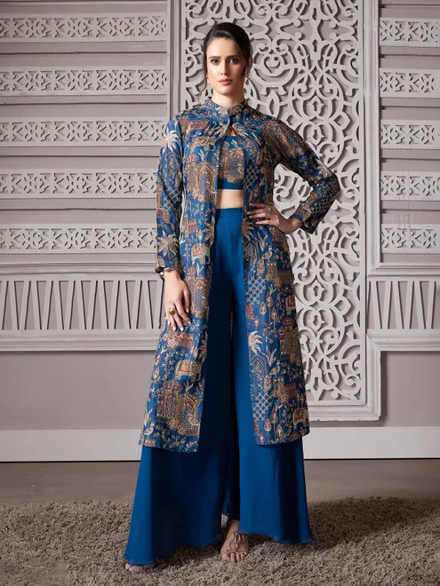 Rama blue silk jacket style palazzo suit