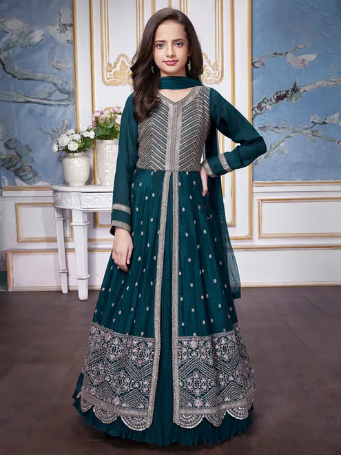 Rama green silk lehenga suit for wedding