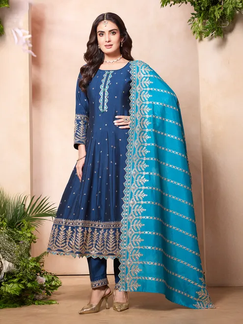 Rama blue silk pakistani salwar suit with heavy dupatta