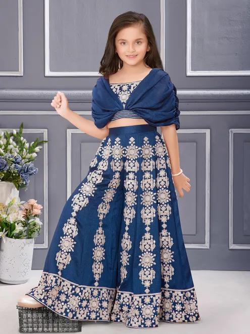 Rama blue silk palazzo suit with sequns work