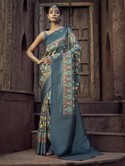 Rama blue silk saree with zari glow