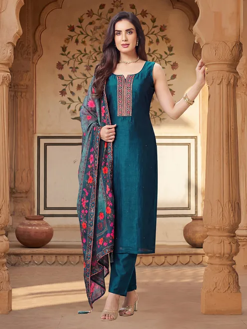 Rama blue silk straight cut festive salwar suit