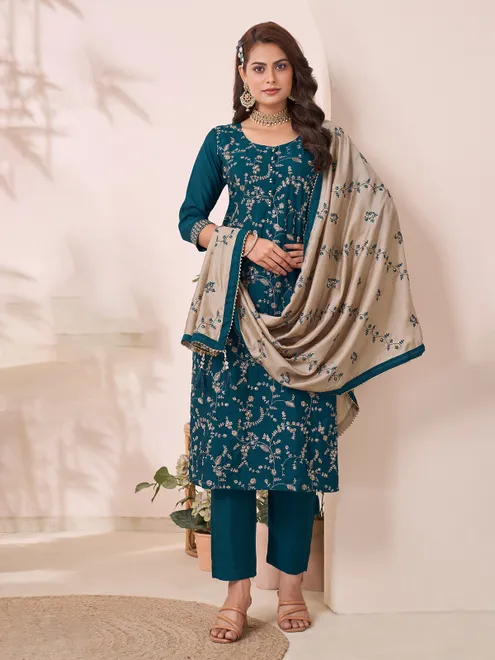 Rama blue silk suit with sleeveless look and dupatta