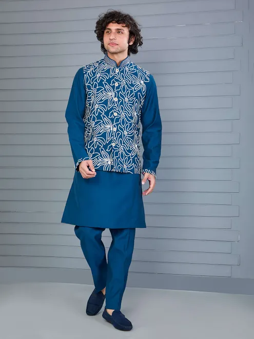 Rama blue silk waistcoat set for festival wear