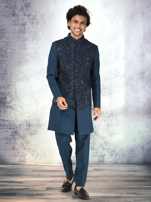 Rama blue silk waistcoat set with embroidery and sequins work