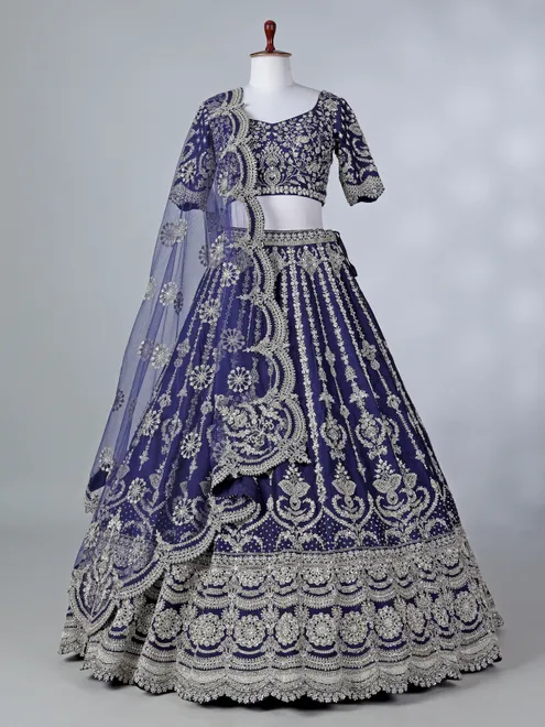 Rama blue silk zari beaded lehenga choli