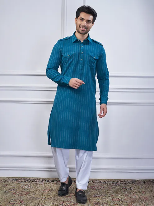 Rama blue stripe cotton mens pathani kurta suit
