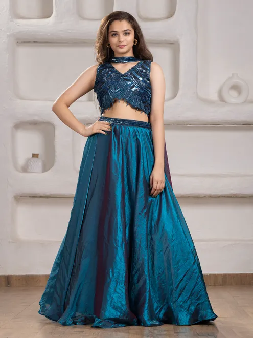 Rama blue tissue silk lehenga choli with cutdana