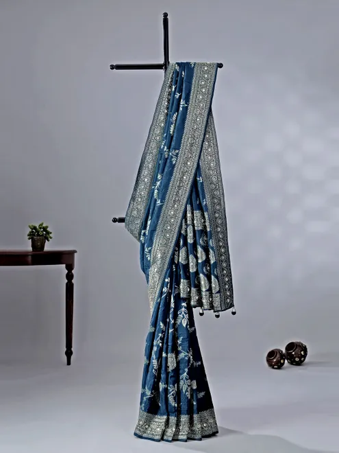 Rama blue wessing wear silk saree with zari weaving