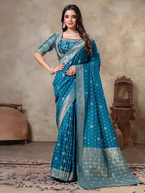 Rama blue zari weaving dola silk saree