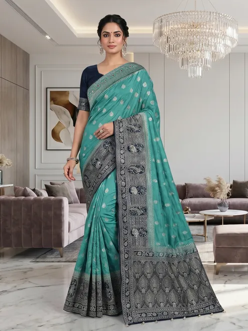 Rama green and blue shaded dola silk saree