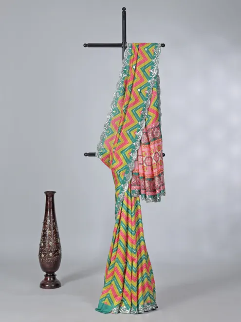 Rama green and olive crepe silk festive saree