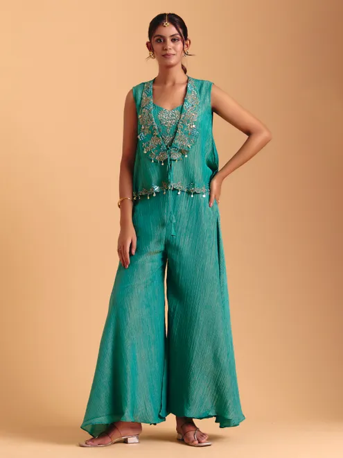 Rama green chiffon palazzo suit with jacket