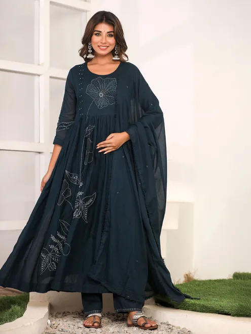 Rama green cotton silk kurti set with thread embellishment