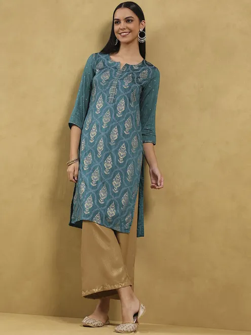 Rama green cotton silk kurti with zari work