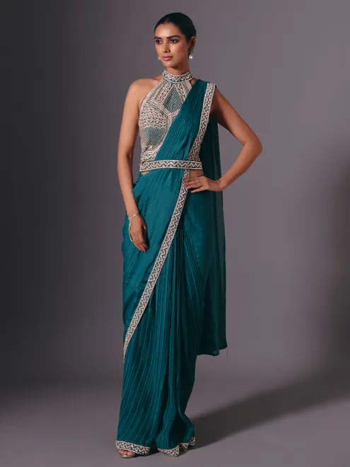 Rama green cruss lycra saree with designer belt