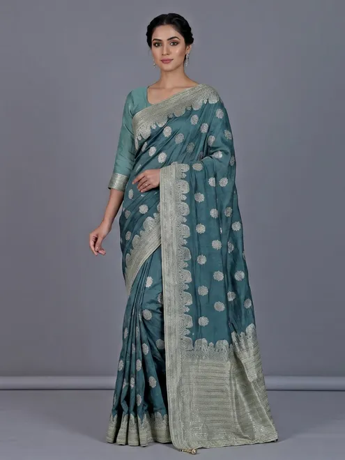 Rama green dola silk saree with zari elephant motifs