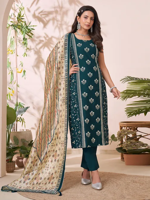 Rama green embroidered suit with printed dupatta for women