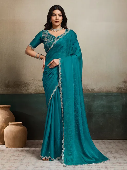 Rama green fandy chiffon saree with stones detailing