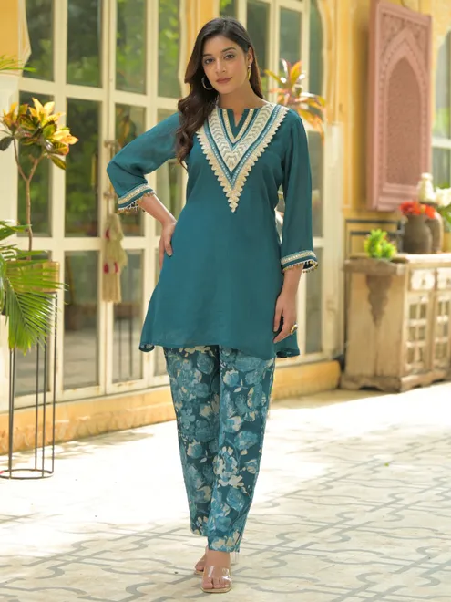 Rama green floral cotton silk kurti set