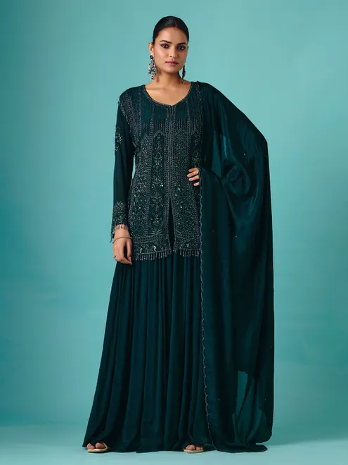 Rama green georgette silk round neck palazzo suit