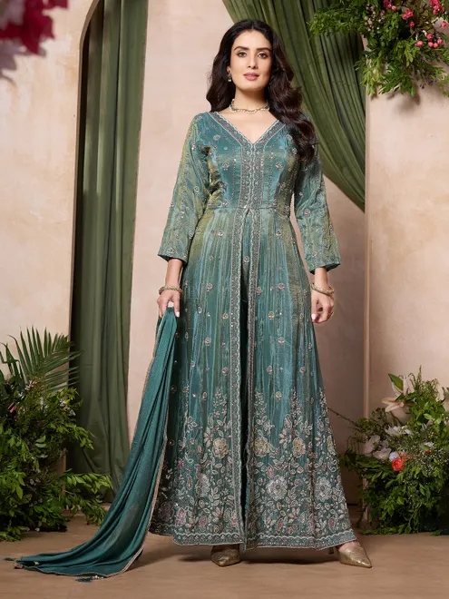 Rama green pakistani anarkali tissue silk salwar suit