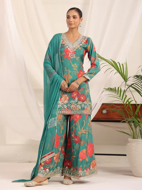 Rama green pakistani silk floral palazzo kurti set