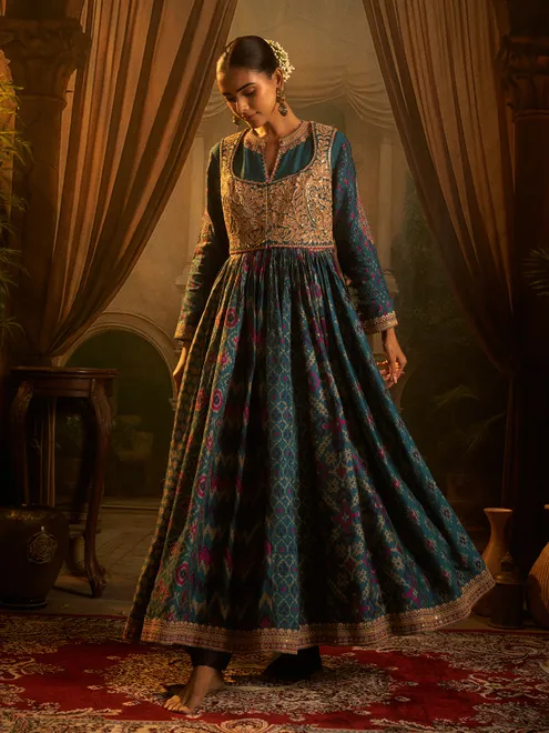Rama green printed anarkali suit in patola silk