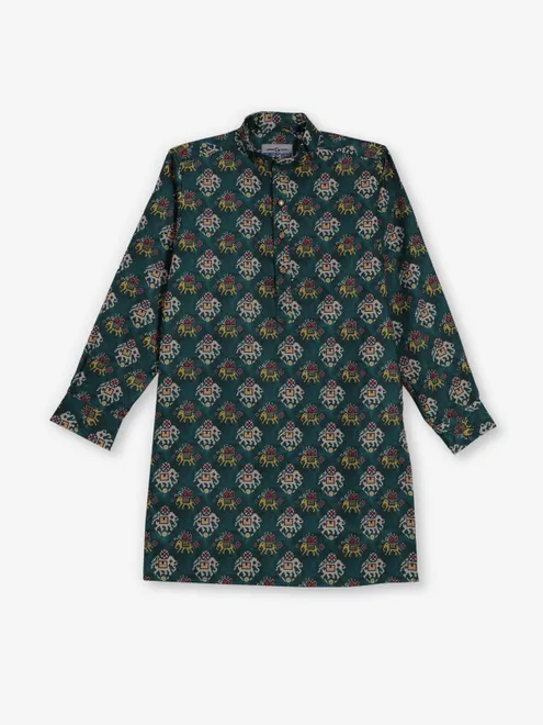 Rama green printed cotton silk kurta